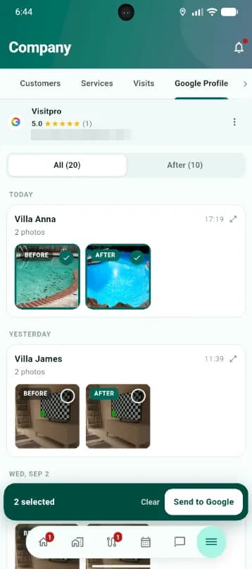 Fotos de antes y después enviadas a tu perfil de Google desde la visita.