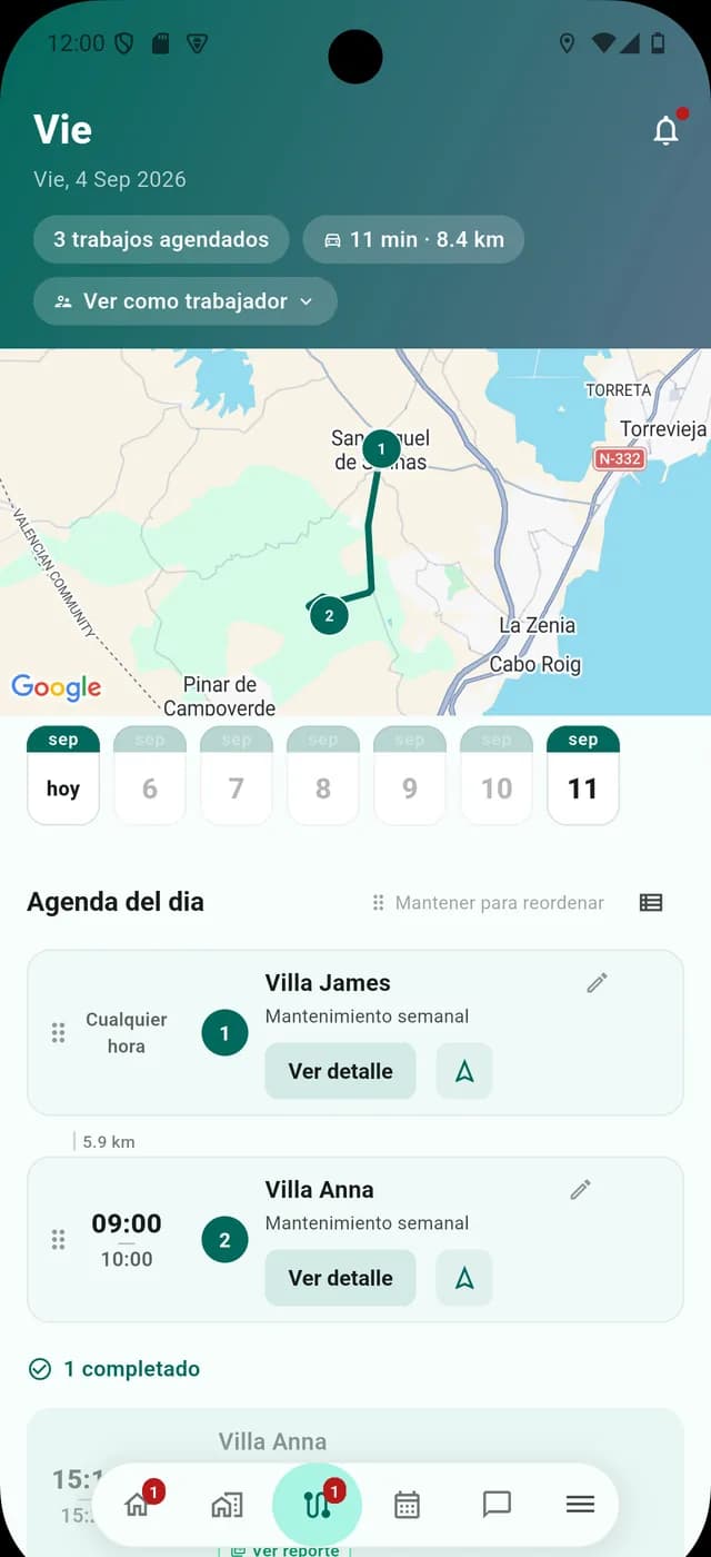 La ruta del día con el mapa y la lista de paradas, check-in incluido.
