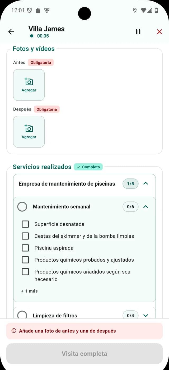 La visita tal como la registra el técnico: fotos de antes y después obligatorias y los servicios con su checklist. Completar visita sigue bloqueado hasta que la prueba está.