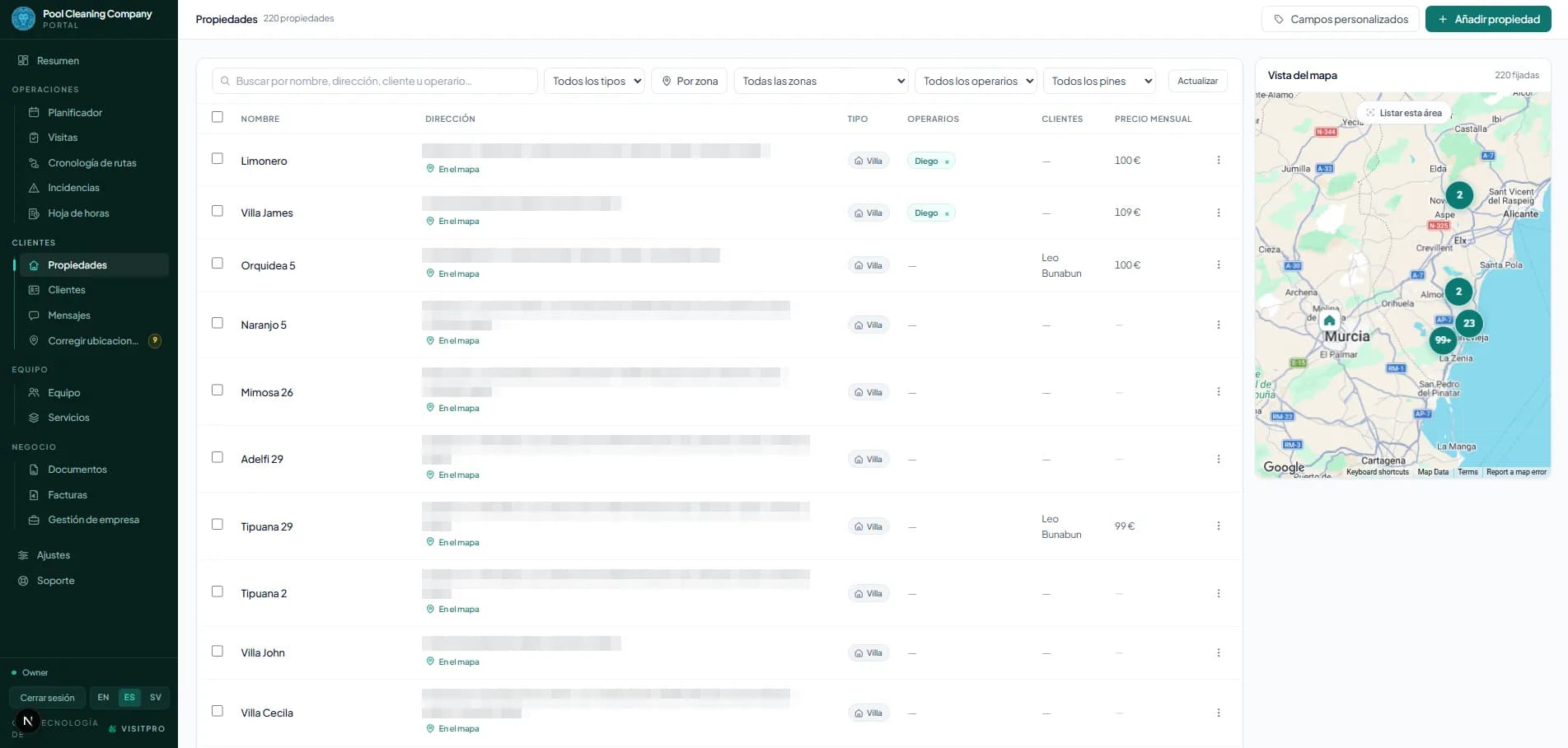 Todas las propiedades con zona, trabajador, cliente y precio mensual, con el mapa al lado.