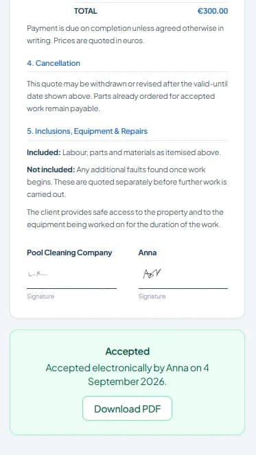 Owner phone: the signed service agreement, with the signature and the date