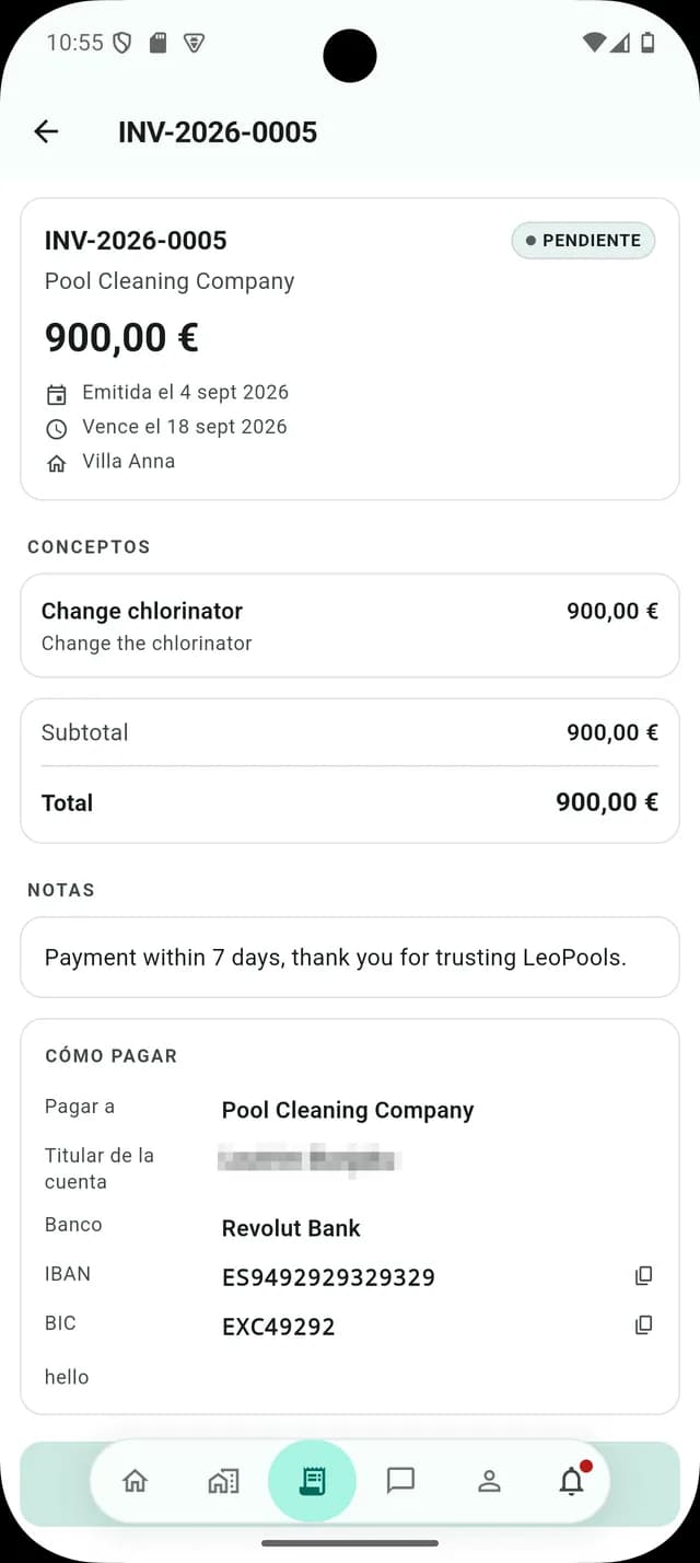 La factura en el portal del cliente, con el PDF y el importe.