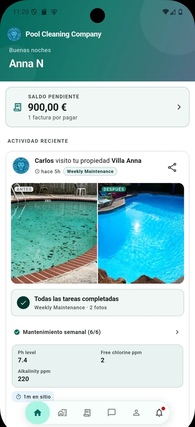 App del propietario: saldo pendiente y la última visita con sus fotos de antes y después